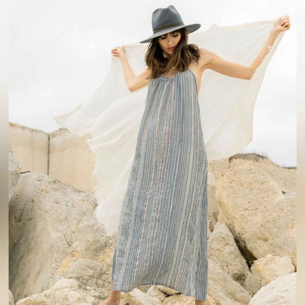 The Handloom Canggu Maxi Dress Navy with Metallic Stripes Sz S - Picture 2 of 8